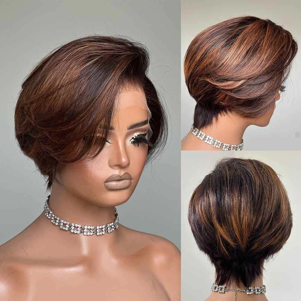 Honey Brown Highlight Side Part Pixie Cut Preplucked Human Hair Lace Wig