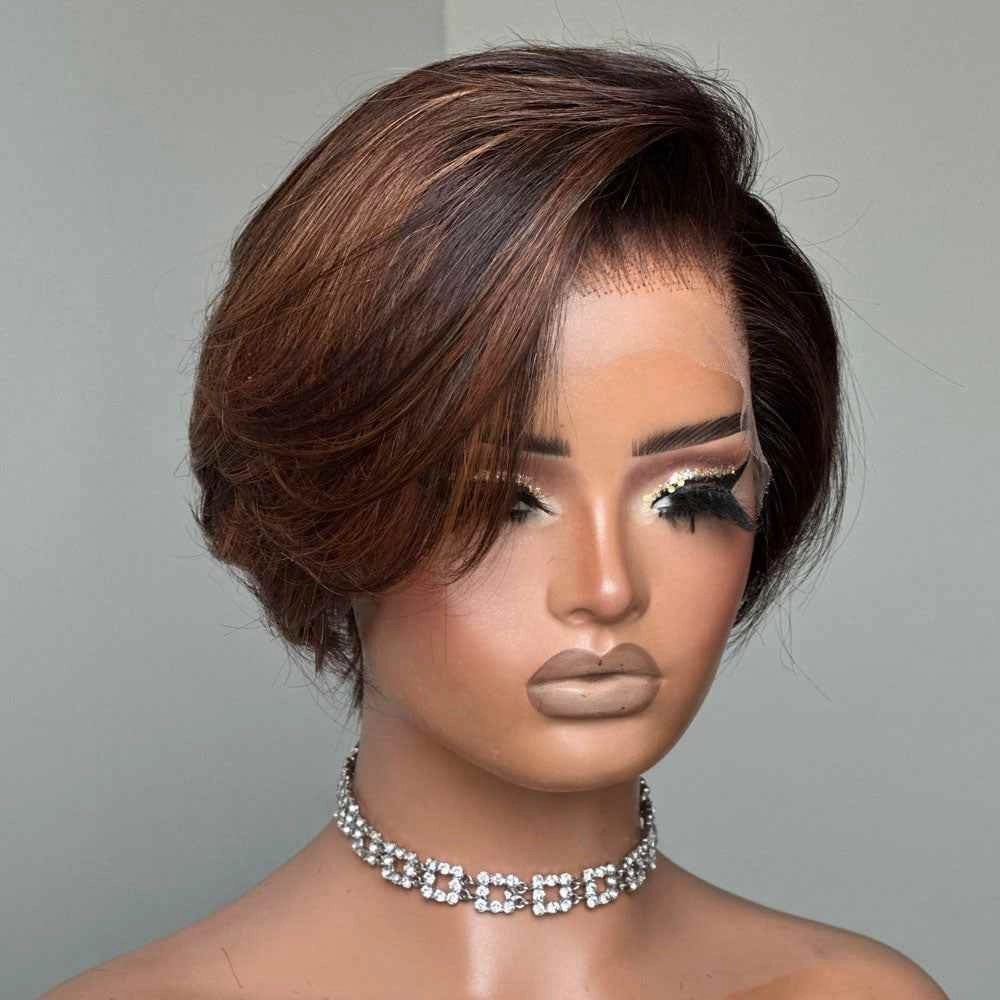 Honey Brown Highlight Side Part Pixie Cut Preplucked Human Hair Lace Wig