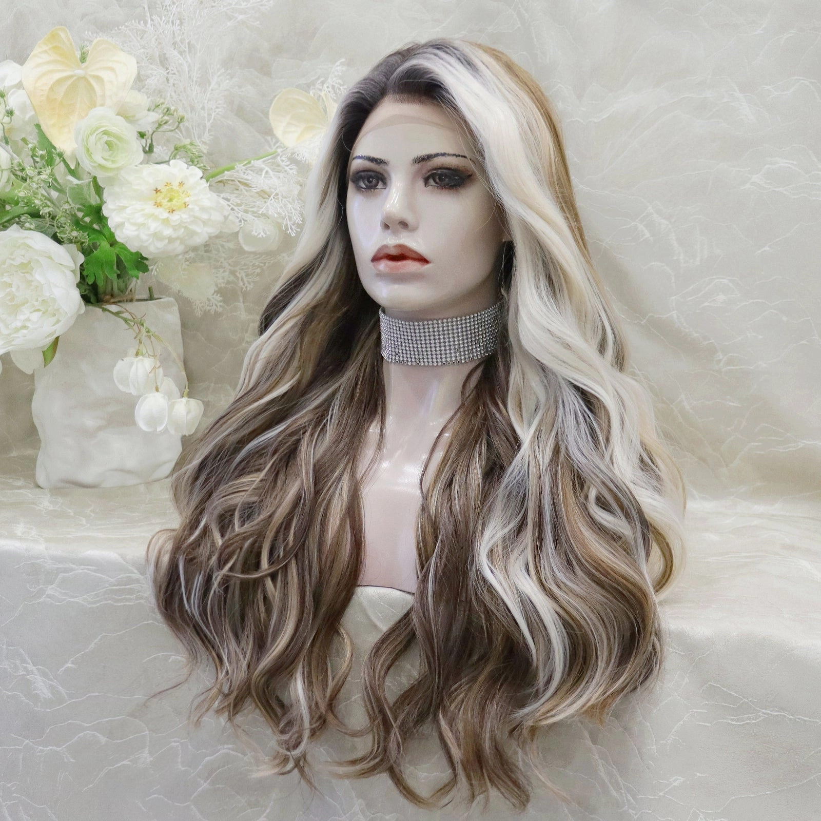 IMstyle Rachel Ombre Brown with Beige Highlight curly Hairstyle Glueless with elastic bands lace Front Synthetic wig Adjustable