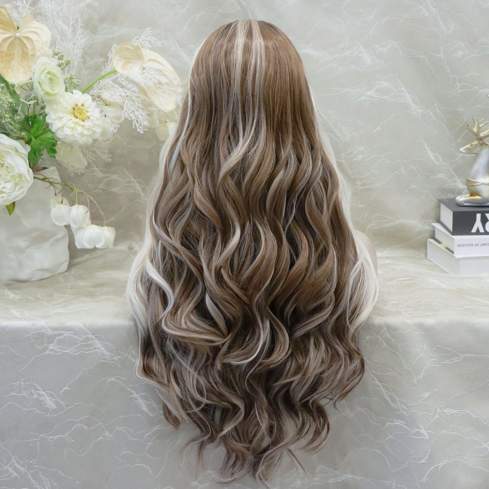 IMstyle Rachel Ombre Brown with Beige Highlight curly Hairstyle Glueless with elastic bands lace Front Synthetic wig Adjustable