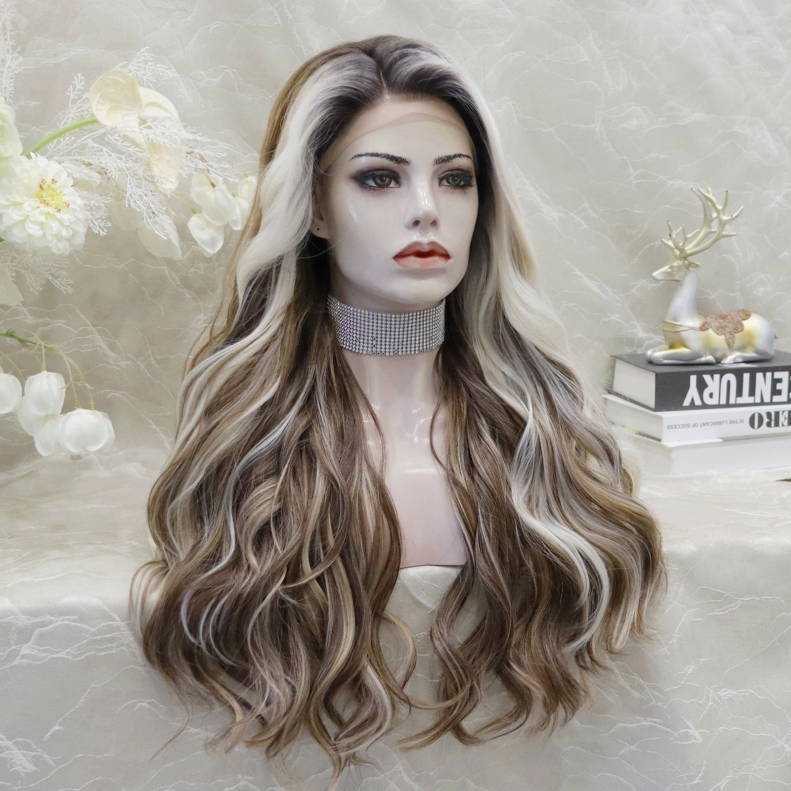 IMstyle Rachel Ombre Brown with Beige Highlight curly Hairstyle Glueless with elastic bands lace Front Synthetic wig Adjustable