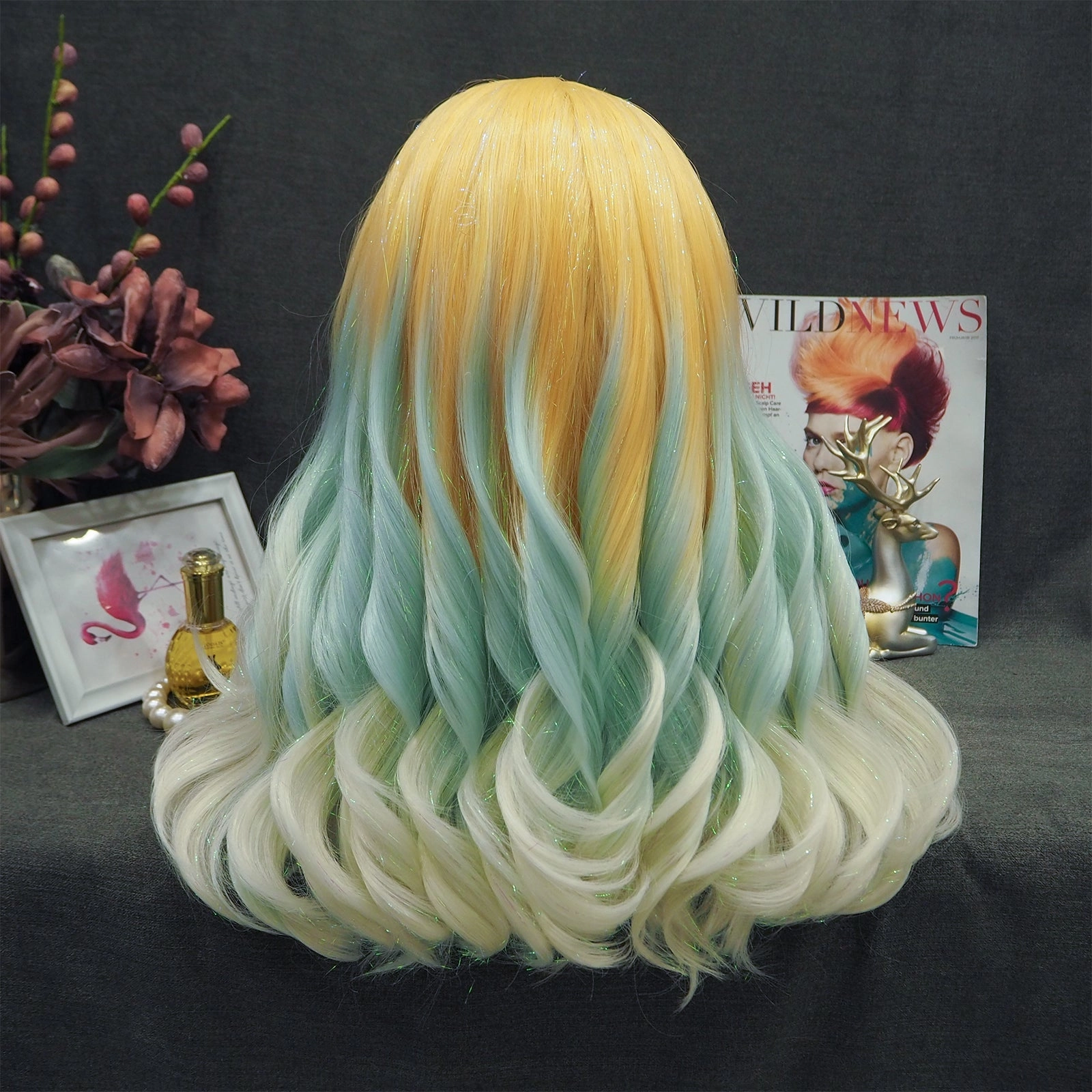 Julia - Blonde to Cyan-blue Ombre Tinsel  Long Wavy Synthetic Lace Front Wig