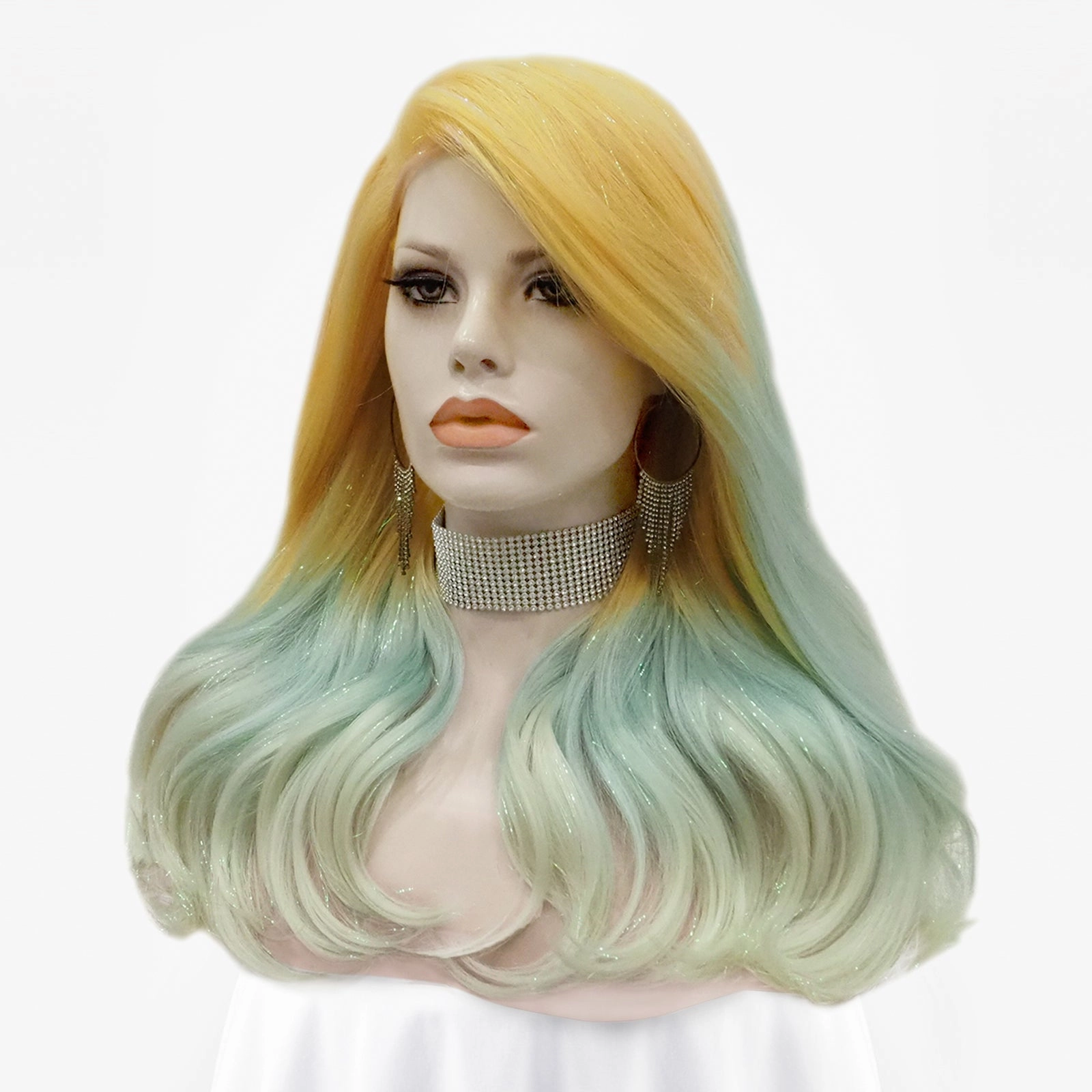 Julia - Blonde to Cyan-blue Ombre Tinsel  Long Wavy Synthetic Lace Front Wig