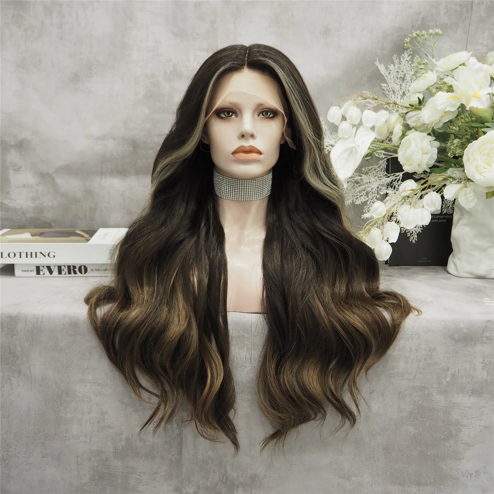 Kim Brown Highlights long Body Wave Synthetic Lace Front Daily Natural Wig