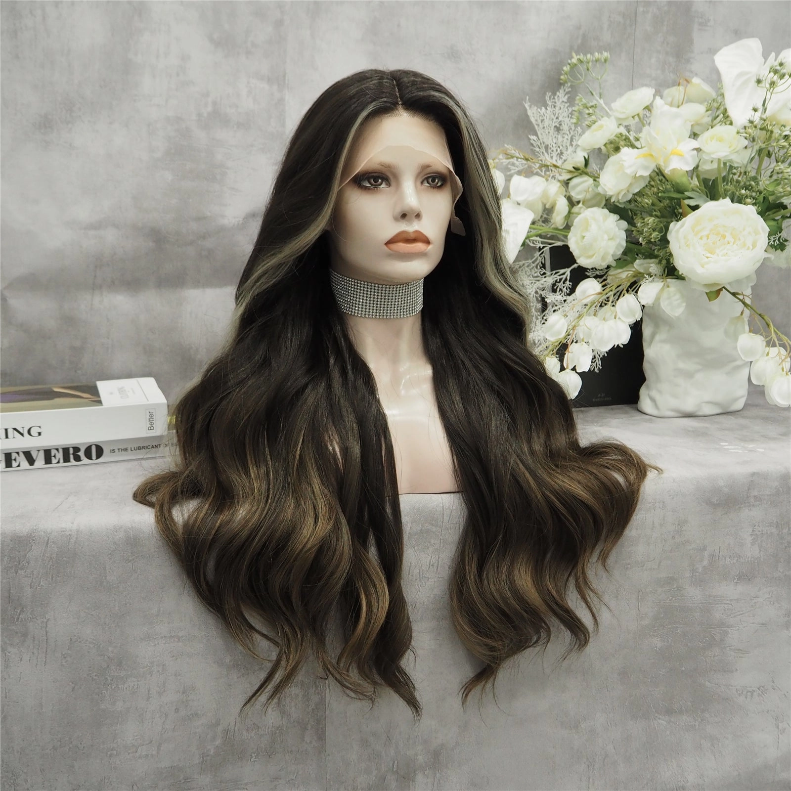 Kim Brown Highlights long Body Wave Synthetic Lace Front Daily Natural Wig