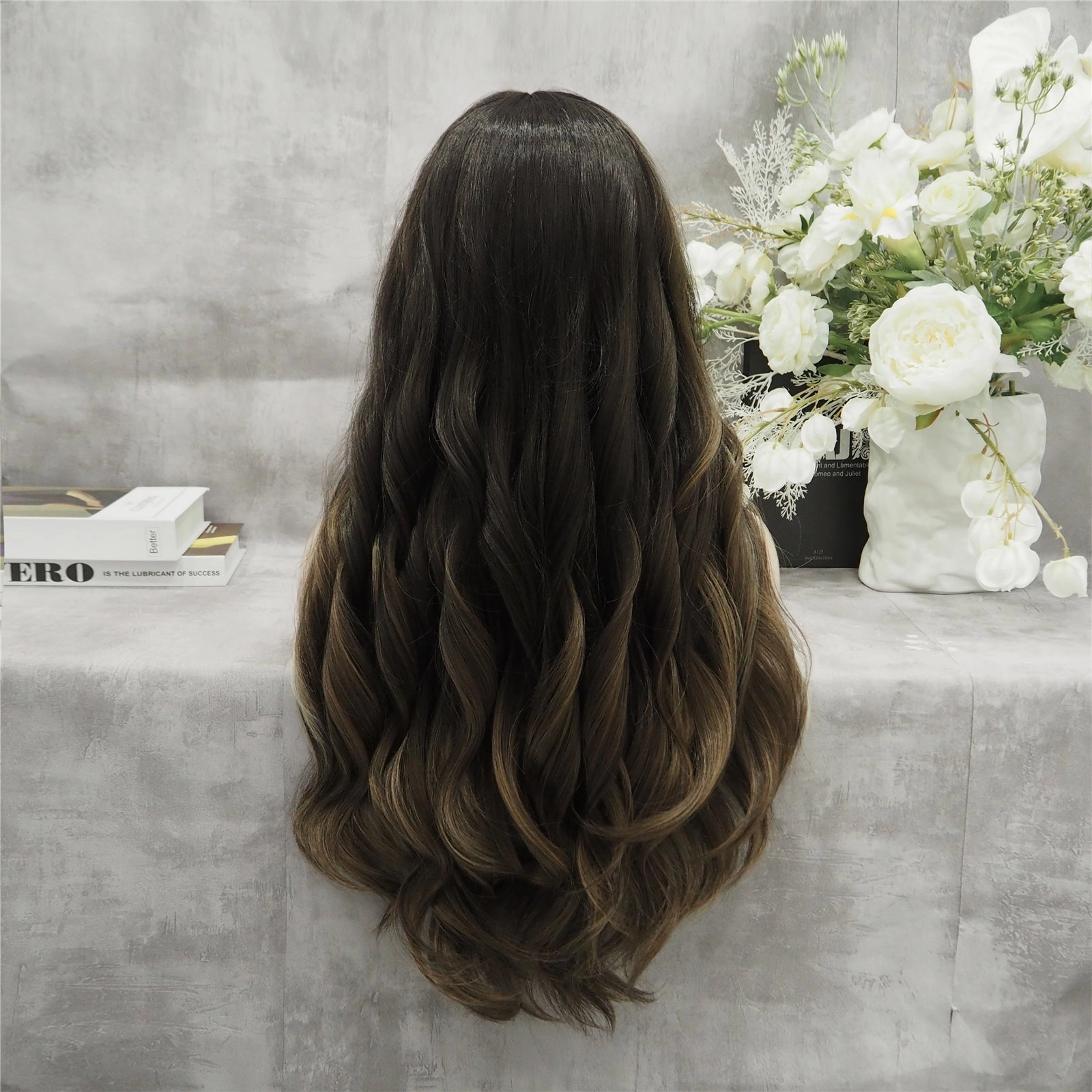 Kim Brown Highlights long Body Wave Synthetic Lace Front Daily Natural Wig
