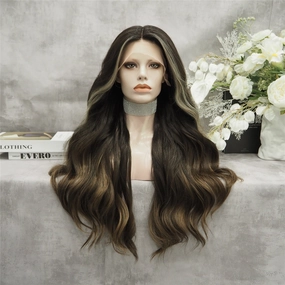 Kim Brown Highlights long Body Wave Synthetic Lace Front Daily Natural Wig