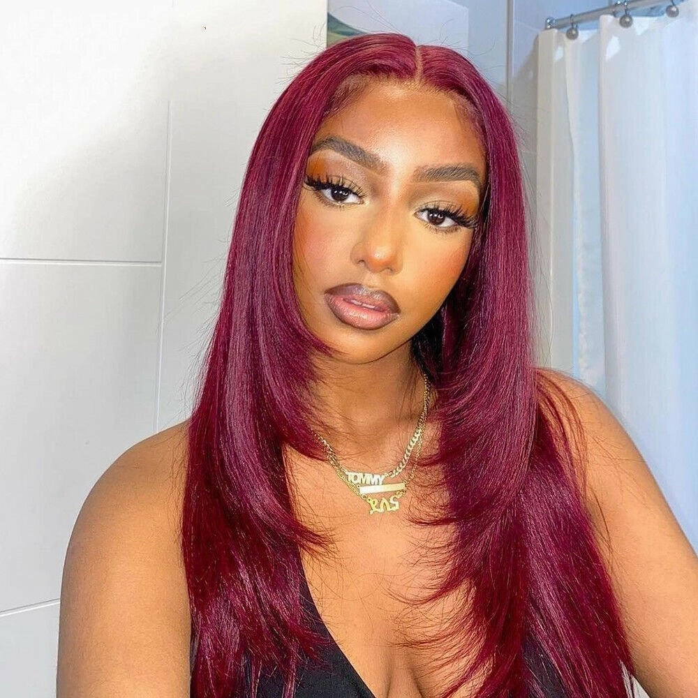 Layered Cut Lace Front Wig 99J Color Straight 13x4 Lace Frontal Wigs 180% Density- Geeta Hair
