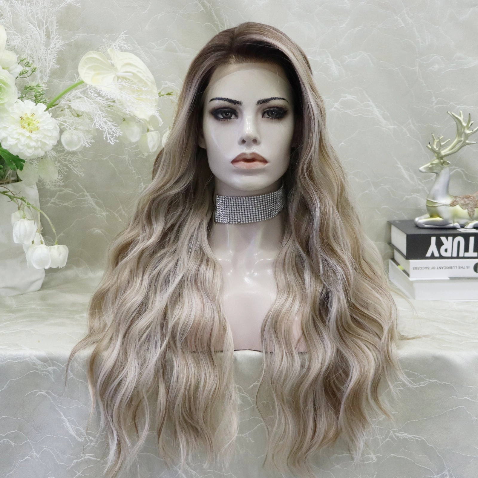 ON-SALE Lily Blonde with Dark root 13*4 lace Front Synthetic wig Free parting