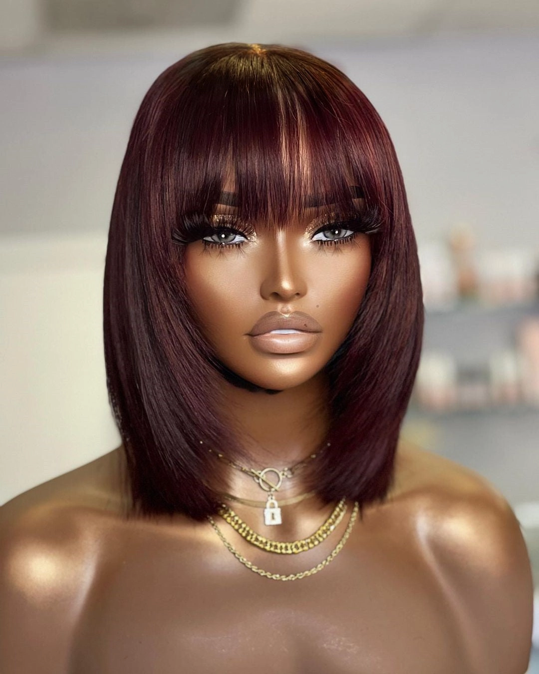Sarah | 99J Layered Preplucked Human Hair BOB Lace Wig with Bang