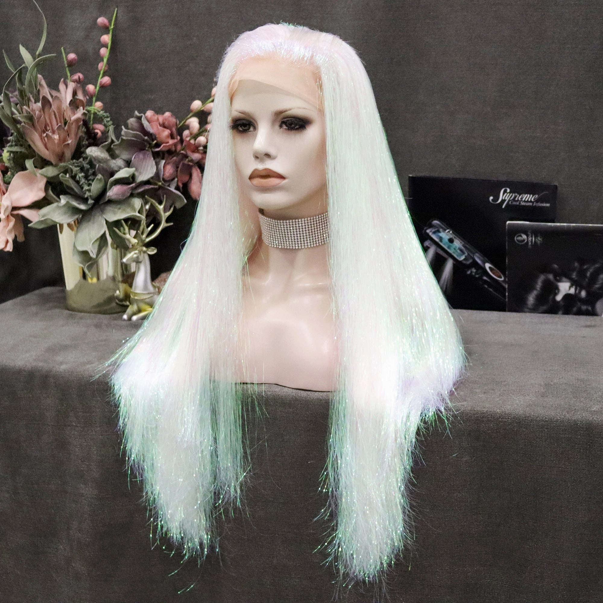 White Full Tinsel Lace Front Halloween Cosplay Wig